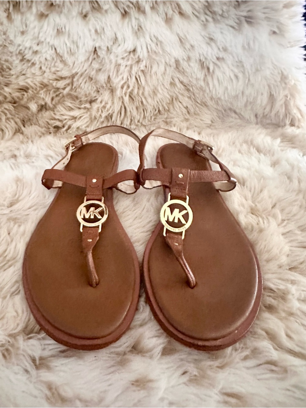 Michael Kors Brown Leather Logo Thong Sandals with Gold MK Emblems